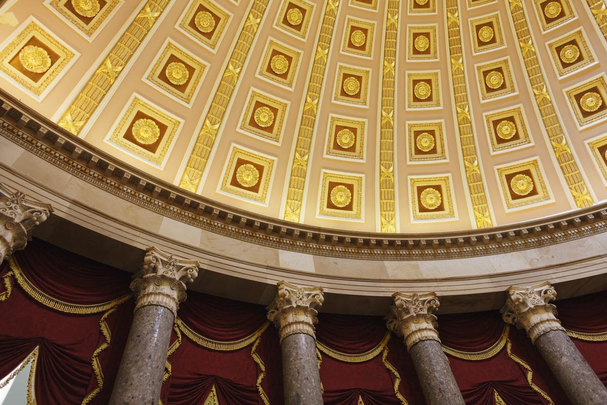 close-up detail of us capital dome with red and gold tiles