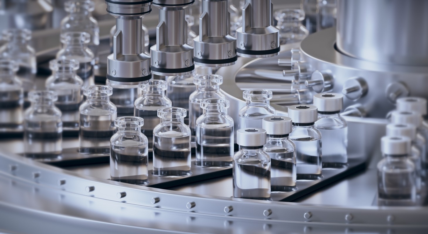 Pharmaceutical manufacture background with glass bottles with clear liquid on automatic conveyor line