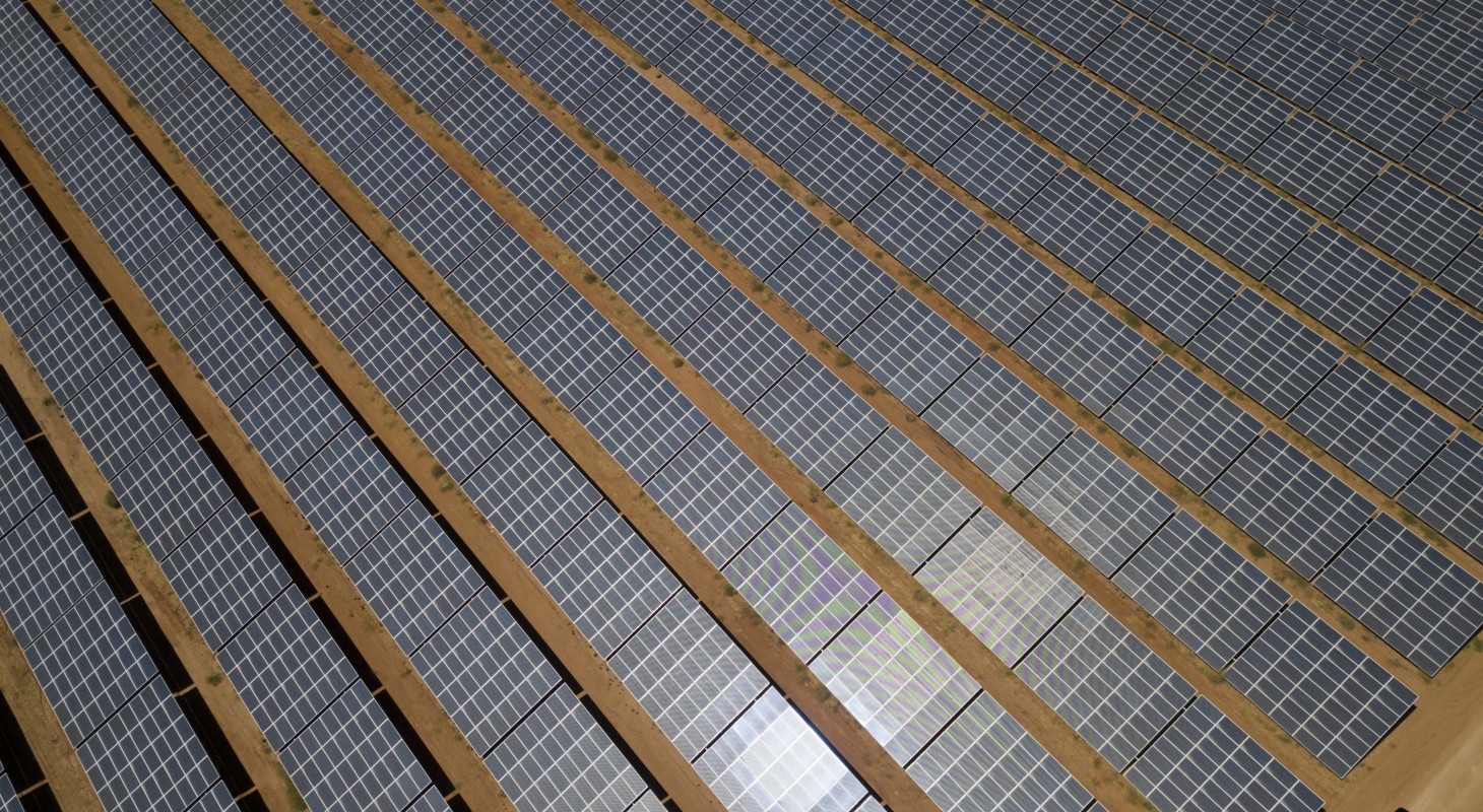 wide aerial shot of solar panel array