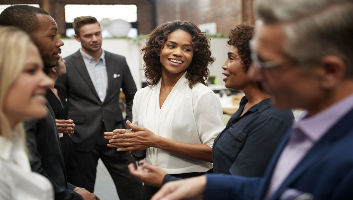 business team standing having informal meeting