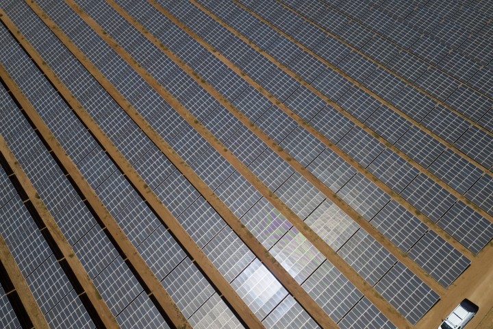 wide aerial shot of solar panel array