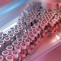 vaccine vials on assembly line with red and blue lights in background